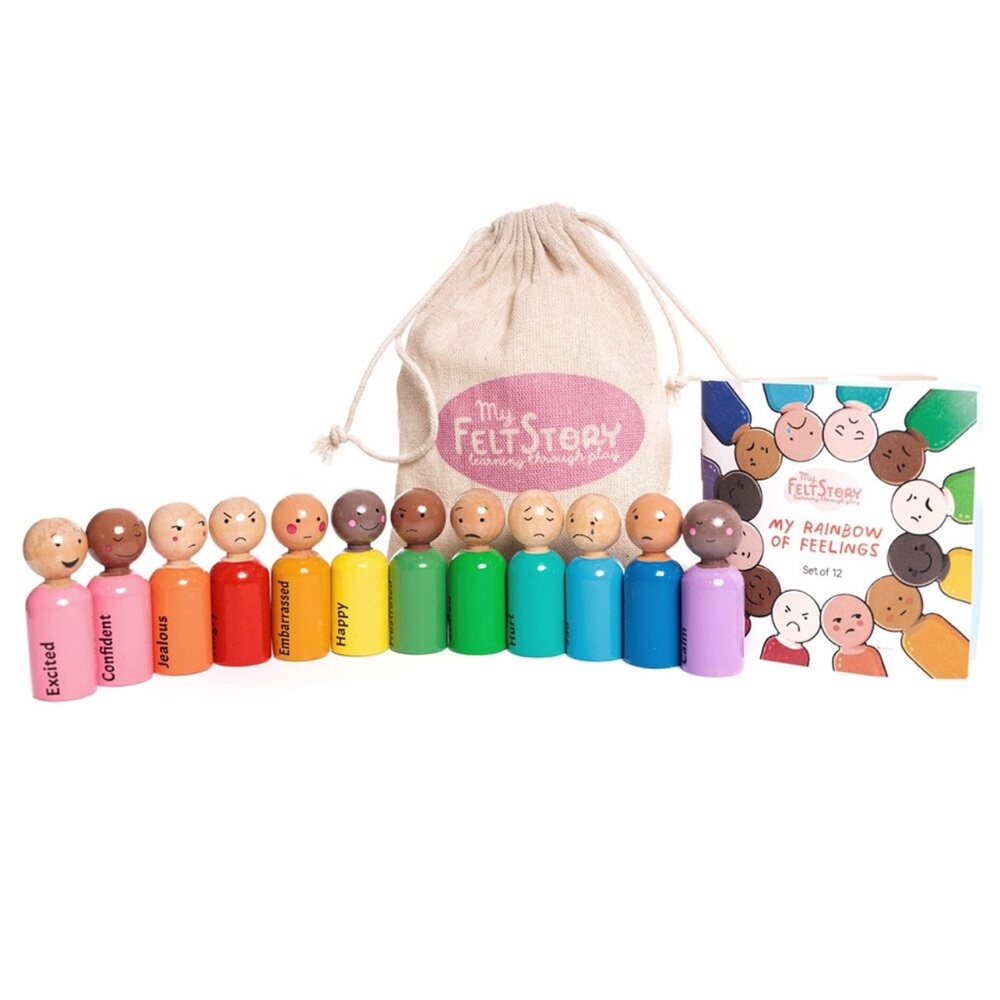 12 Feeling Peg Dolls, Multi Skin Tone, Rainbow Wood, Montessori Reggio Preschool